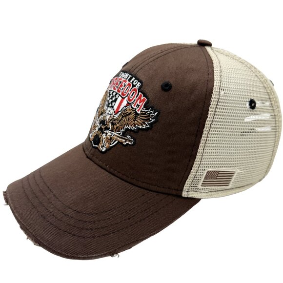 “Fight for Freedom” Eagle Pistols Mesh Trucker Hat – Brown & Cream Patriotic Cap - Picture 3 of 11